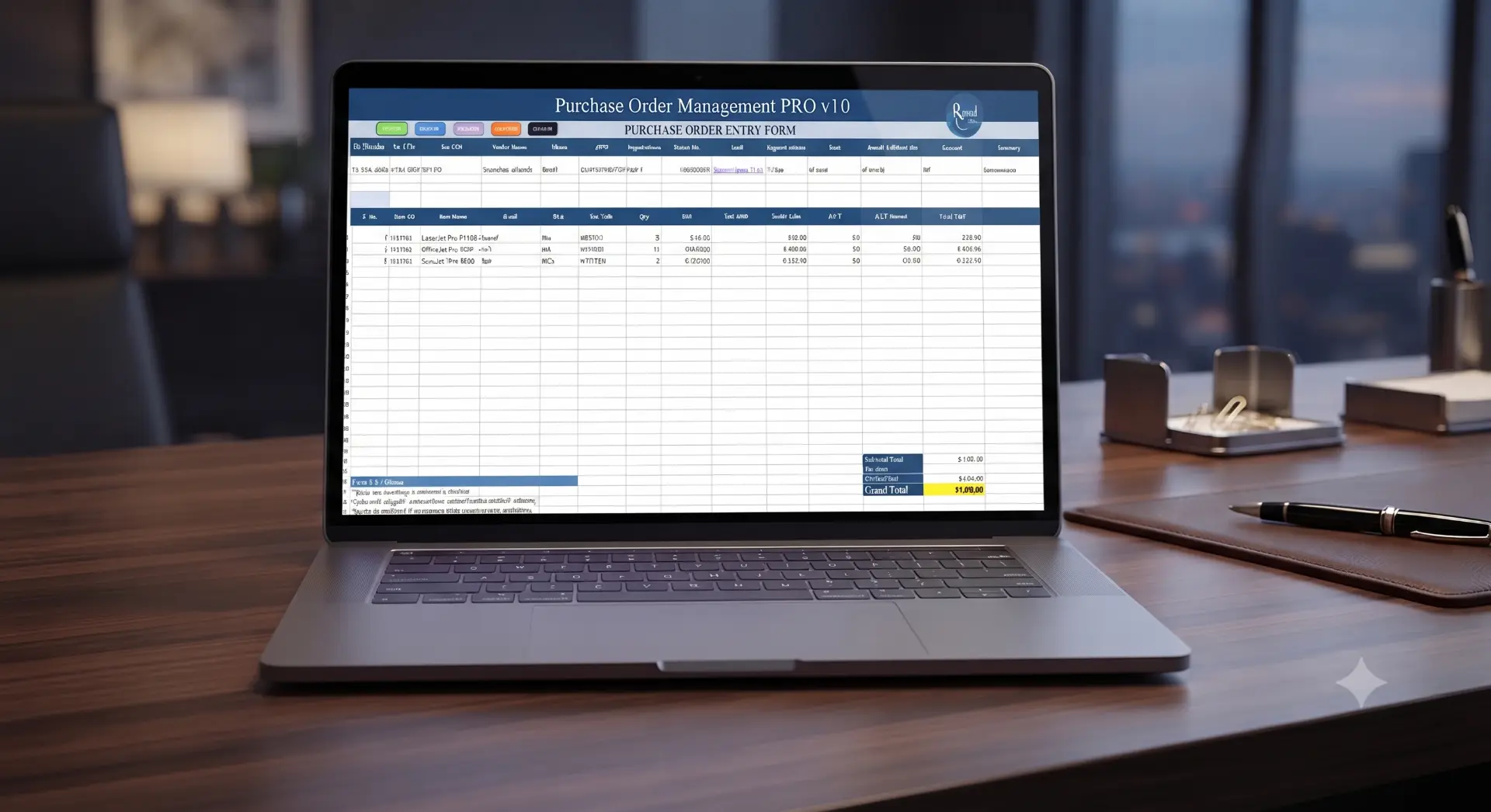 Purchase Order Management PRO laptop showing the purchase order system